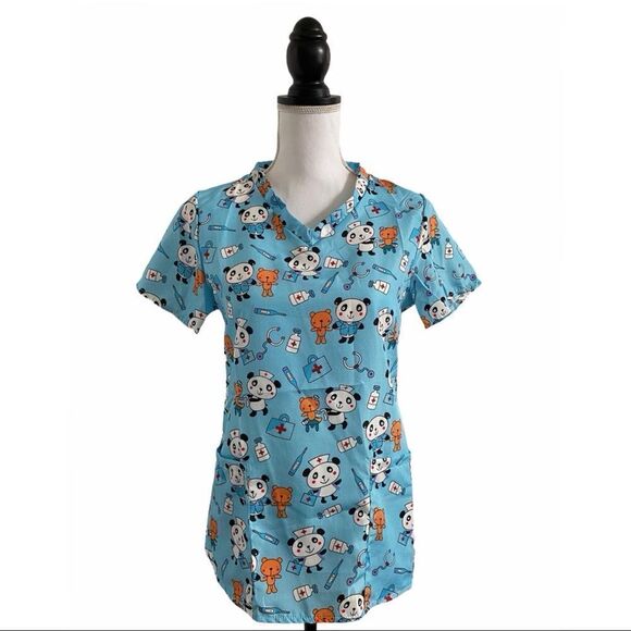 Tops - Scrub Top Medical Personnel Blue Panda & Teddy Bear Nurse Print Women’s Medium